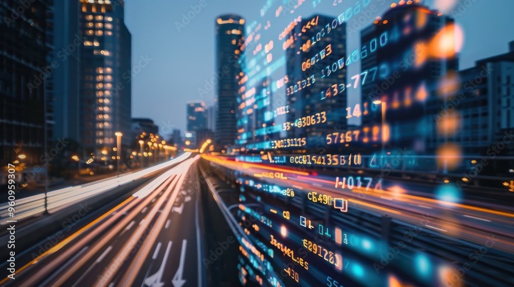 Fototapeta premium Cityscape with Data Overlay
