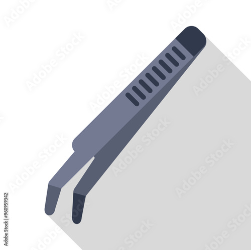 Metal tweezers lying diagonally with long shadow, isolated on white background