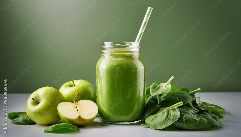 A green smoothie in a clear jar with a striped straw, surrounded by fresh green apple slices A green smoothie in a clear jar with a striped straw, surrounded by fresh green apple slices