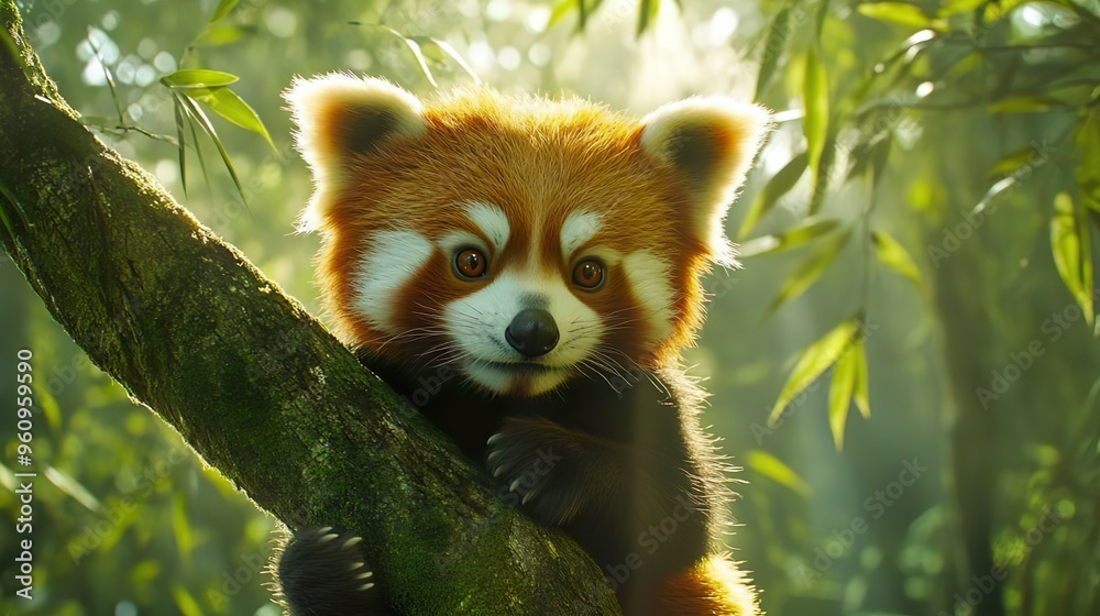 Cute red panda eating bamboo hanging playfully on a tree branch photo