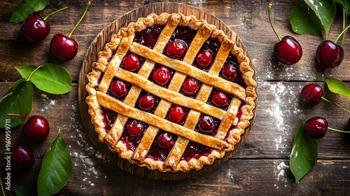 Top view of a homemade sour cherry jam tart on wooden background.