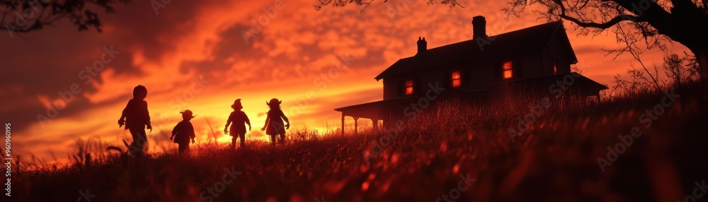 Silhouetted figures walk towards a house, against a vibrant sunset sky filled with warm hues and dramatic clouds. Silhouetted figures walk towards a house, against a vibrant sunset sky filled with warm hues and dramatic clouds.