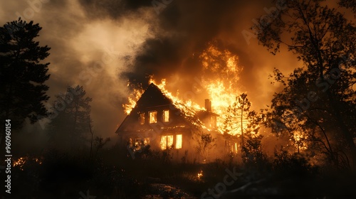 A house in the countryside on fire at night, thick smoke clouding the sky, trees igniting nearby, dark atmospheric tones, emergency response imagery, insurance verification, hyperrealistic