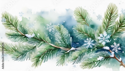 Elegant watercolor illustration of an evergreen fir branch with a focus on the fine details