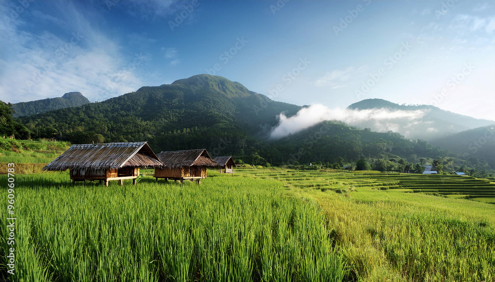 The wooden house is a wooden hut built in the middle of a rice field, surrounded by rice fields and mountains. The wooden house is a wooden hut built in the middle of a rice field, surrounded by rice fields and mountains.