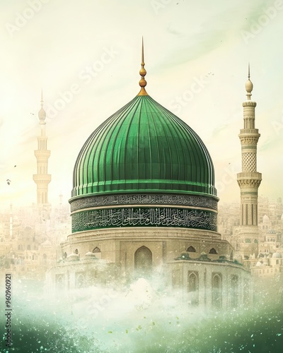 A poster for a mosque with a green dome and a mosque in the background. Milad un Nabi banner and Islamic background with Mawlid al Nabi celebration poster, copy space, ai photo