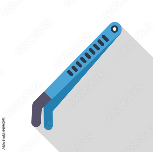 Blue metal tweezers for eyebrows holding one hair with long shadow on white background