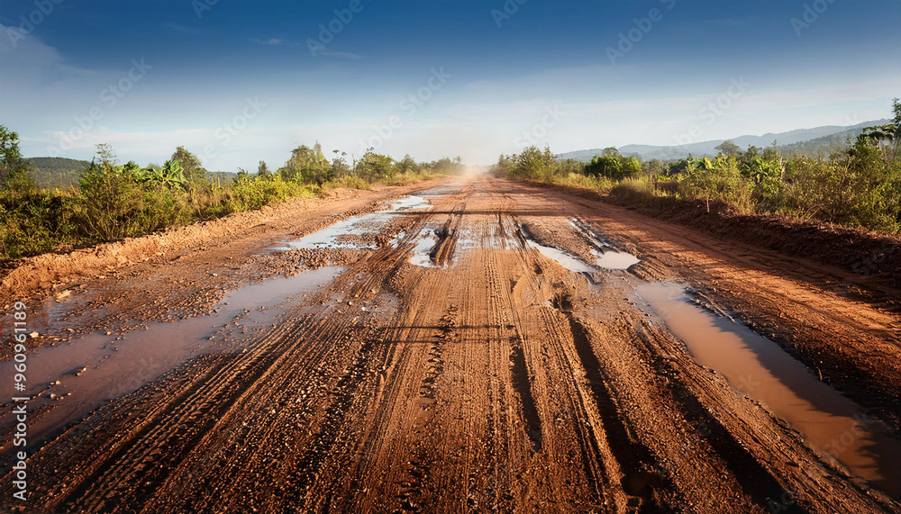 The dirt road is a rural road with dust and potholes.