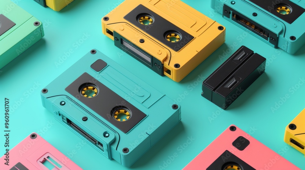 A vibrant collection of retro audio cassettes in various colors arranged neatly on a bright pastel background. This nostalgic image evokes memories of classic music and vintage technology, perfect for A vibrant collection of retro audio cassettes in various colors arranged neatly on a bright pastel background. This nostalgic image evokes memories of classic music and vintage technology, perfect for
