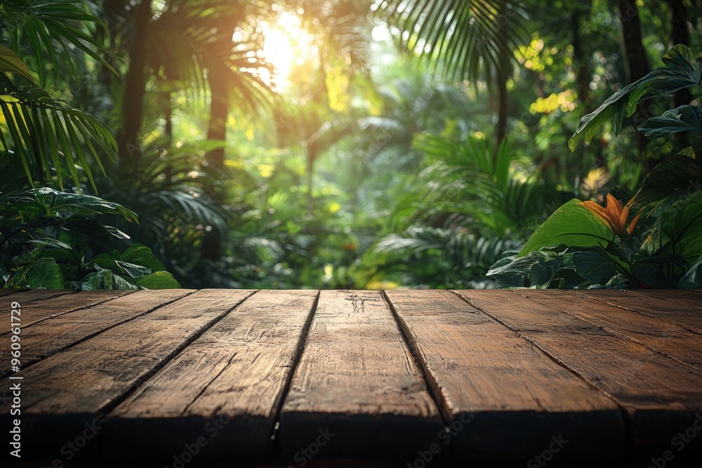 Wooden table top with a blurred tropical background. Wooden table top with a blurred tropical background.