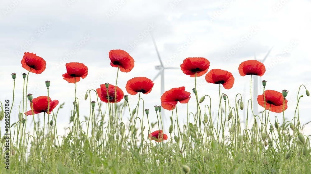 Naklejka premium A field of brilliant red poppies sways beneath towering wind turbines, their white blades slicing through the calm sky with rhythmic elegance