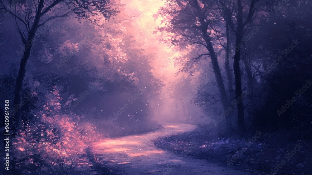 A quiet forest path at twilight, digital painting, cool tones, ethereal light A quiet forest path at twilight, digital painting, cool tones, ethereal light