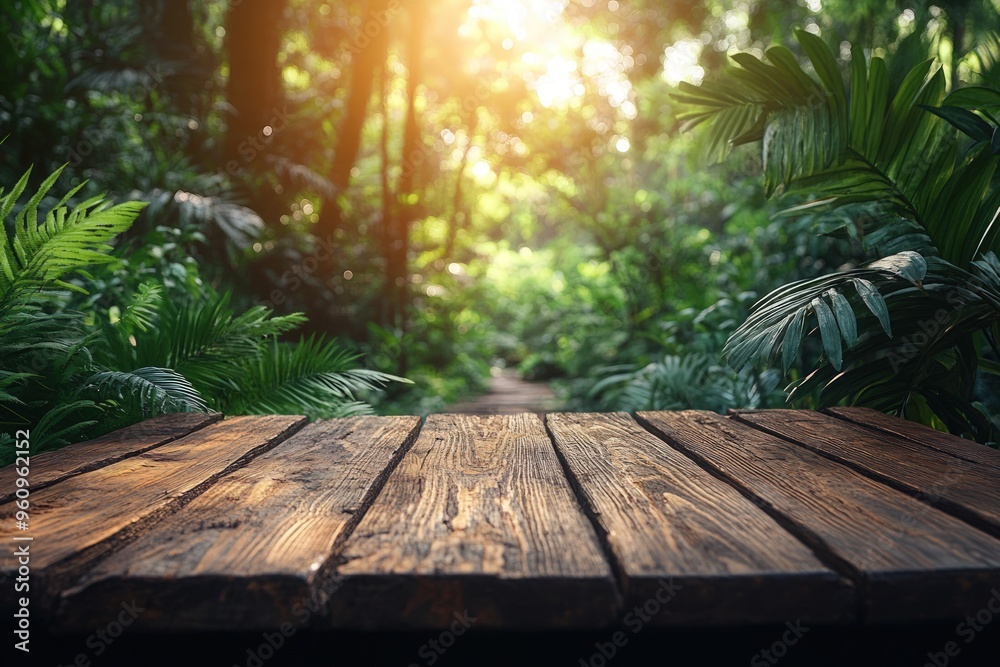 Wooden table with blurred forest background. Wooden table with blurred forest background.