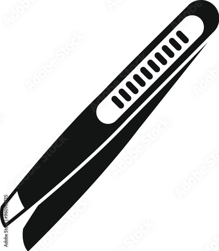 Simple icon of metal tweezers with a ribbed handle lying diagonally, isolated vector illustration in flat style