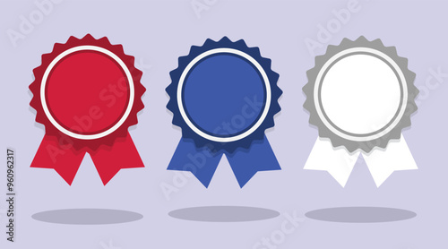 Abstract blank horizontal conceptual three colors ribbon award bows in a row with drop shadows icons set on light purple background