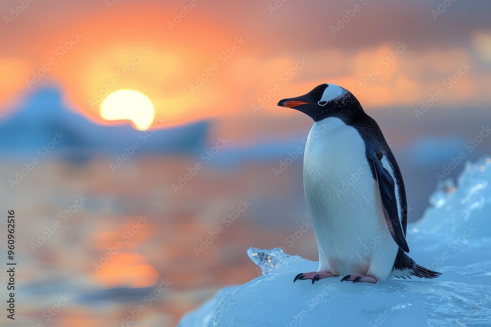 Obraz premium Penguin on Snow-Covered Shore of Antarctica with Sunset Sky and Icebergs in Hyper-Realistic Style
