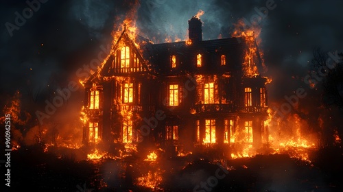 Gothic Victorian house burning intensely, dark night backdrop, collapsing roof and windows, high contrast lighting, dramatic scene, insurance focus, 3D render photo