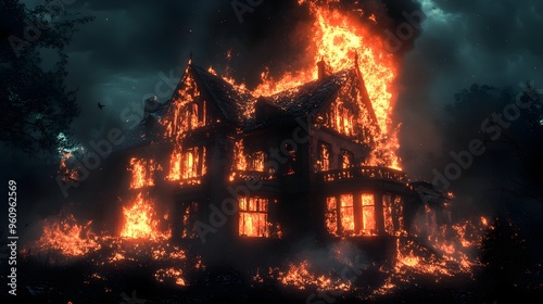 Gothic Victorian house burning intensely, dark night backdrop, collapsing roof and windows, high contrast lighting, dramatic scene, insurance focus, 3D render photo