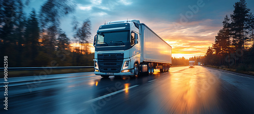 An image of a European style delivery truck in motion on a road with a blurred background. This picture can be used for transportation, logistics, or commercial business concepts. photo