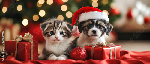 A kitte and puppy wearing Santa claus hats sitting near to gift boxes. Christmas banner concept for veterinary and petshops.  photo