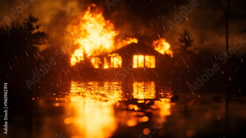 House fire at night in heavy rain, steam rising where water touches the flames, dark surroundings with firelight reflections, realistic, high-detail, insurance claim illustration photo