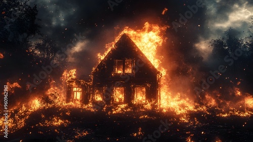 House fire during a power outage, bright flames contrasting sharply against the dark, smoky night sky, embers flying, insurance investigation concept, Photorealistic, Fire-focused, Atmospheric