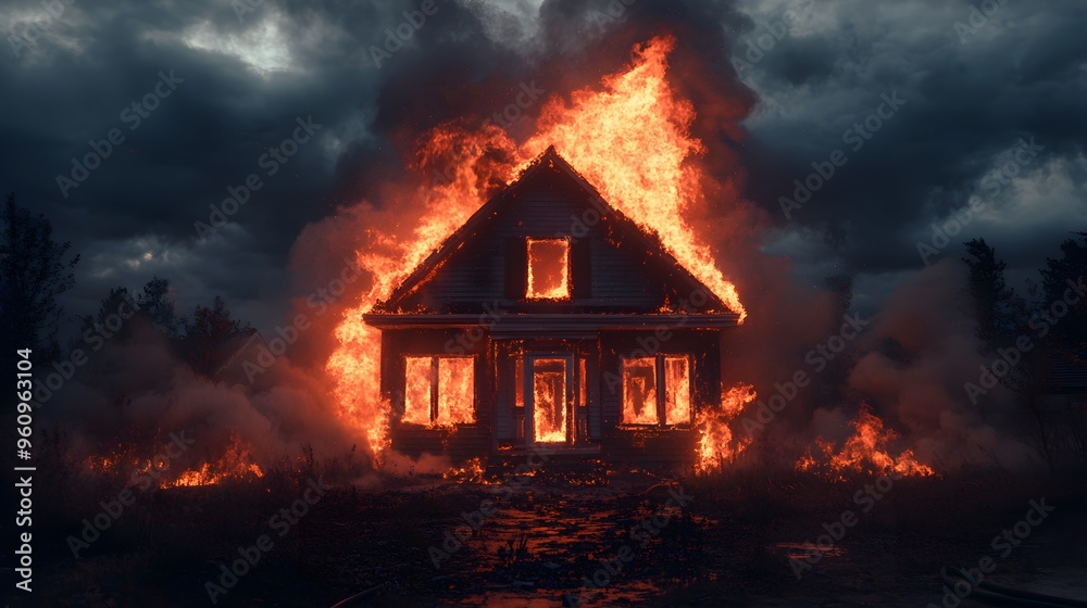 House on fire during the night, flames reaching high into the sky, thick smoke clouding the scene, intense and destructive, designed for insurance claim visuals