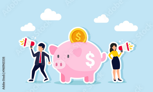 A businessman and businesswoman promoting investment opportunities with a megaphone, illustration of Methods for marketing investment products or managing money effectively