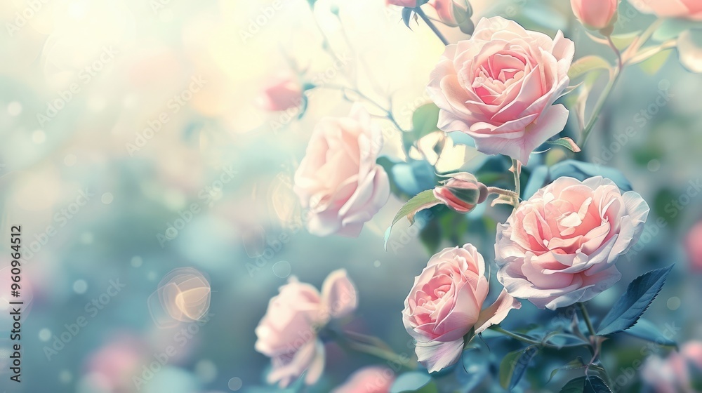 Fototapeta premium Delicate roses in a blooming summer background.