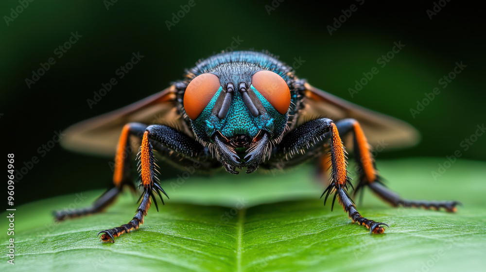 Detailed close-up of a housefly sitting on a green leaf, highlighting its compound eyes and intricate body structure. Detailed close-up of a housefly sitting on a green leaf, highlighting its compound eyes and intricate body structure.