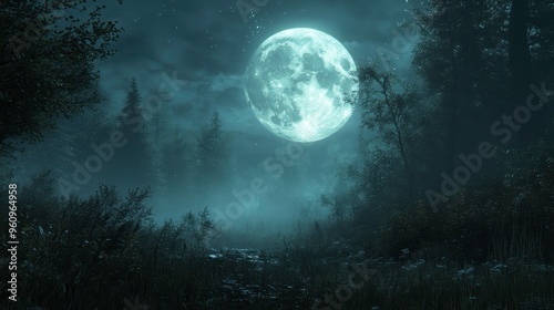 Wallpaper Mural A glowing full moon above a dark forest, mystical and atmospheric, subtle lighting Torontodigital.ca