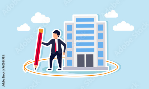 A businessman drawing a circle around himself and a building, illustration of Providing limits or protection for himself and his business assets