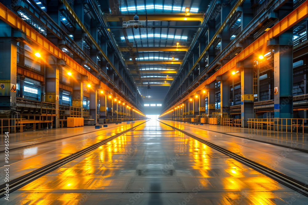A large industrial building with yellow lights and a long hallway A large industrial building with yellow lights and a long hallway