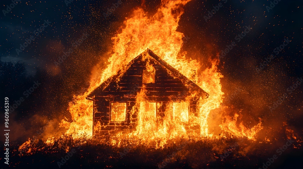Dramatic close-up of flames engulfing the wooden walls of a house at night, intense glow, sparks flying wildly, dark sky in the background Dramatic close-up of flames engulfing the wooden walls of a house at night, intense glow, sparks flying wildly, dark sky in the background