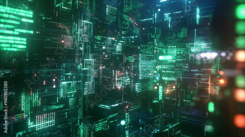 Abstract Visualization of Machine Learning Algorithms in a Futuristic Digital Matrix with Neon, Holographic Elements, and Floating Code Snippets