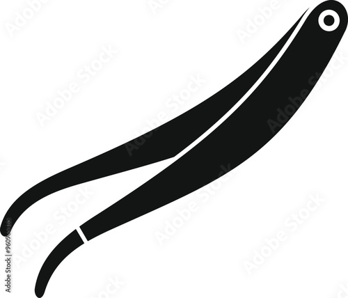 Black metal tweezers for eyebrow correction lying diagonally icon in simple style isolated on white background