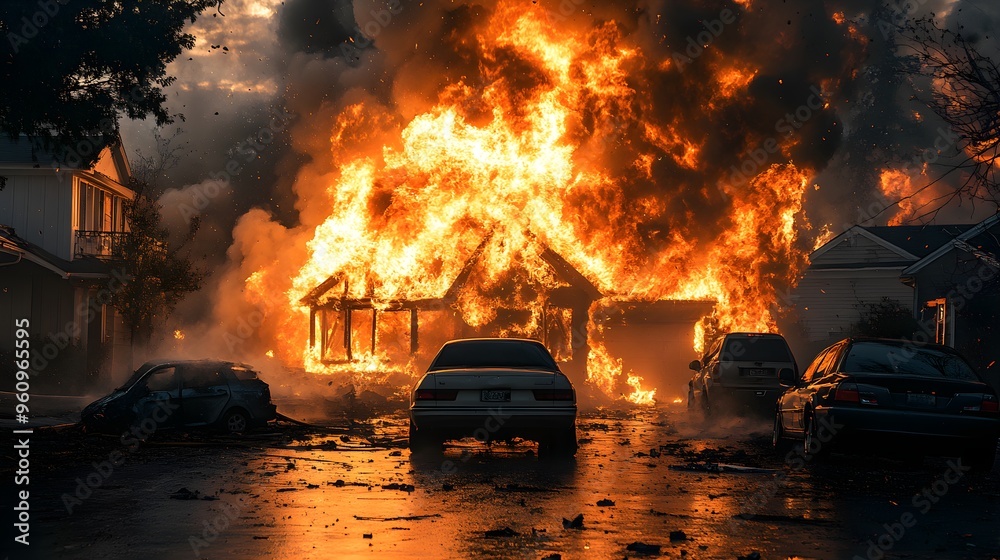 Explosions lighting up the night as a home fire spreads to vehicles ...