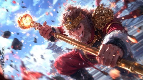 Wukong stands resolute, wielding his legendary golden staff in a dynamic pose that captures his incredible power and unyielding determination as the legendary monkey king. photo