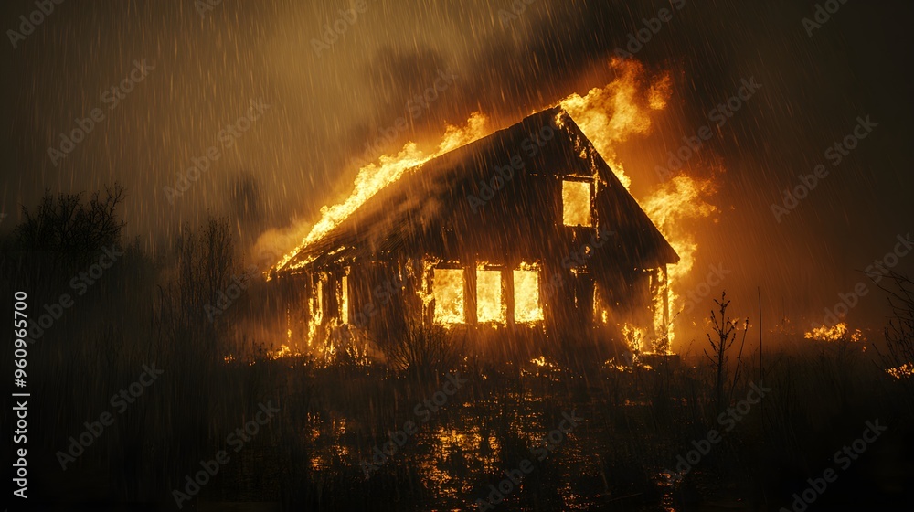 Fiery house in the rain at night, steam clouds swirling as raindrops sizzle on the burning structure, intense contrasts of fire and rain Fiery house in the rain at night, steam clouds swirling as raindrops sizzle on the burning structure, intense contrasts of fire and rain