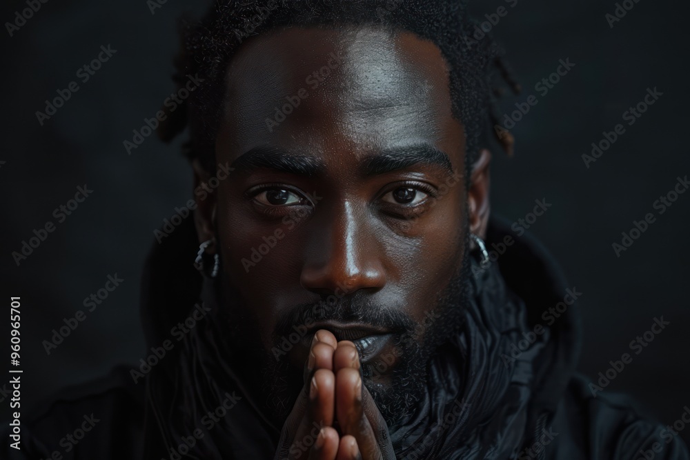 Devout Prayers in Solitude: Black Man in Deep Meditation on Black Background Devout Prayers in Solitude: Black Man in Deep Meditation on Black Background