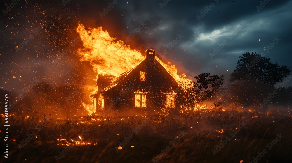 Fire engulfing a house in the midst of a strong windstorm, with embers carried by the wind into the night, dramatic shadows and intense glow Fire engulfing a house in the midst of a strong windstorm, with embers carried by the wind into the night, dramatic shadows and intense glow