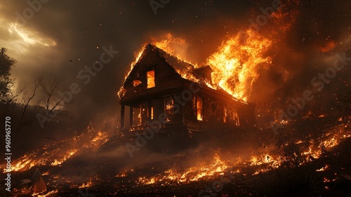 Fire engulfing a house in the midst of a strong windstorm, with embers carried by the wind into the night, dramatic shadows and intense glow