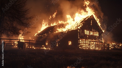 Fire raging through a barn next to a house at night, livestock in frantic motion, flames reflecting on their eyes, dramatic insurance imagery photo