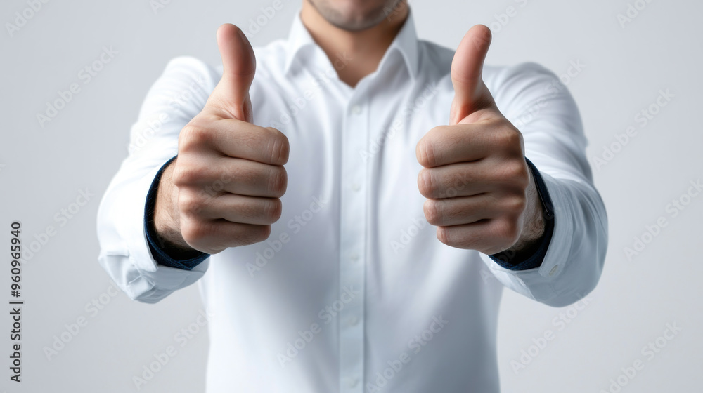Close-up of a businessman giving a thumbs-up gesture, symbolizing approval, success, and positive feedback in a professional context. Close-up of a businessman giving a thumbs-up gesture, symbolizing approval, success, and positive feedback in a professional context.