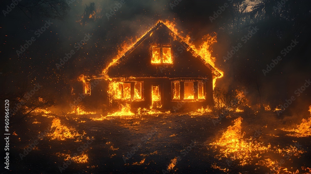 Flames roaring through a house's exterior, nighttime setting, glowing embers drifting upwards, intense heat radiating, fire scene for insurance Flames roaring through a house's exterior, nighttime setting, glowing embers drifting upwards, intense heat radiating, fire scene for insurance