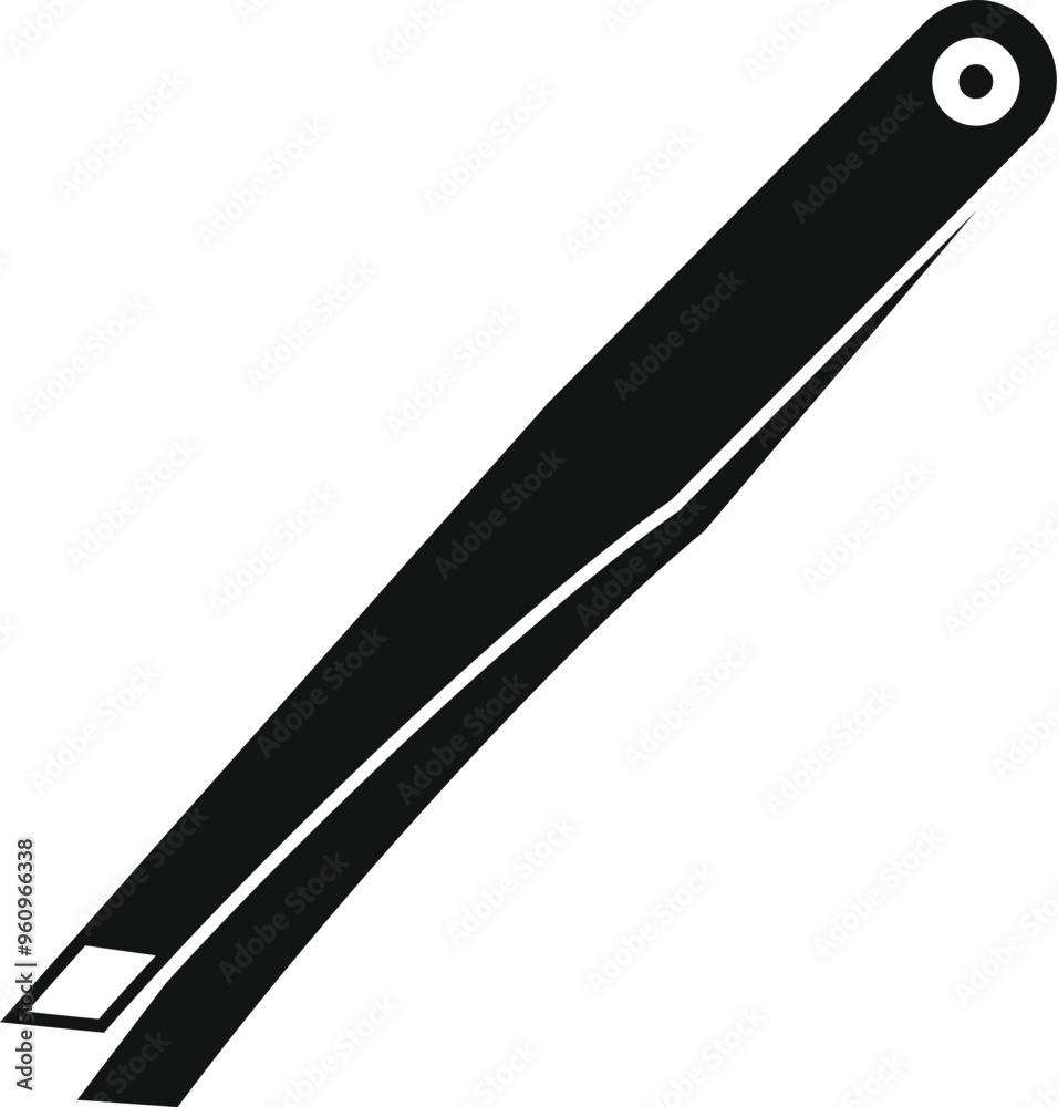 Simple icon of black metal tweezers for eyebrow correction lying diagonally on white background Simple icon of black metal tweezers for eyebrow correction lying diagonally on white background