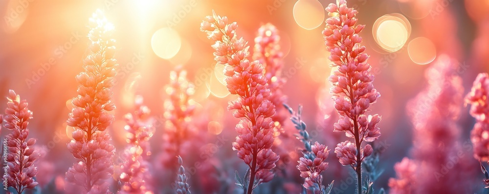 Pink wildflowers in a field at sunset, with a soft focus background. Pink wildflowers in a field at sunset, with a soft focus background.