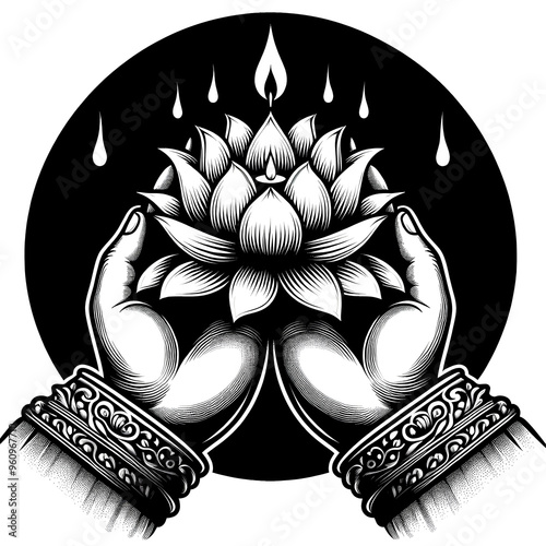 Black and white isolated vector illustration of 2 hands holding a lotus flower for worship on white background. photo