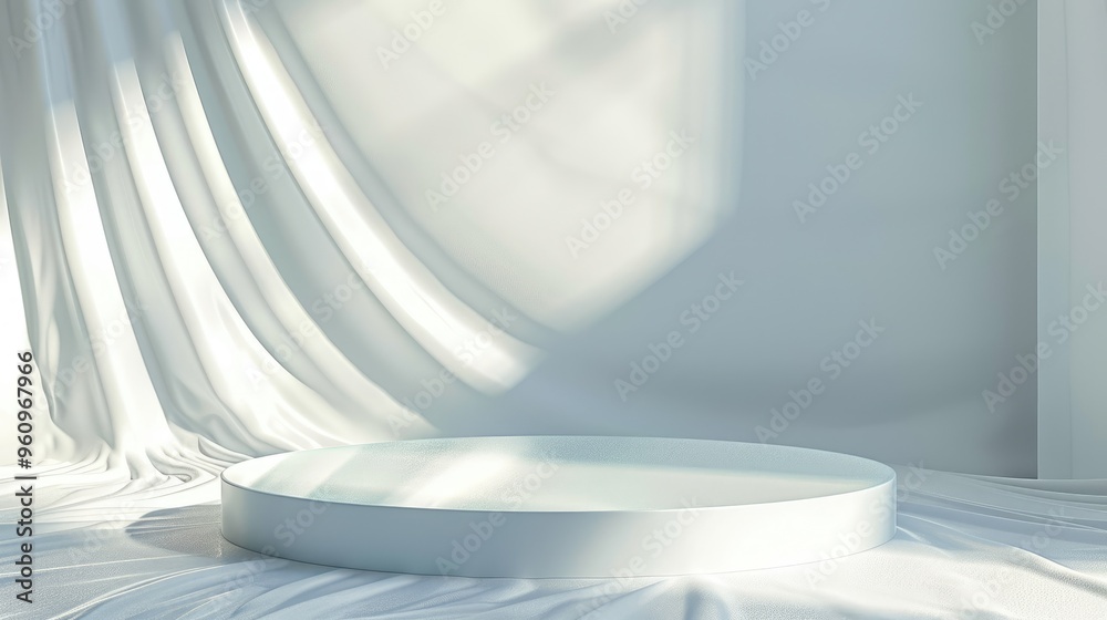 Glass podium on white textured surface with sunlight. Abstract background for product display with space for text. Glass podium on white textured surface with sunlight. Abstract background for product display with space for text.