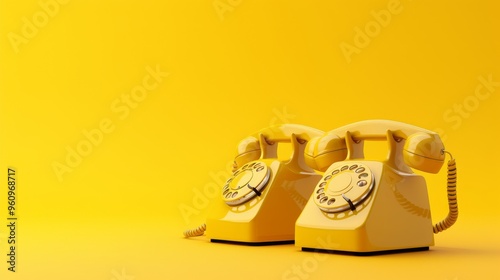 Two vintage yellow rotary phones are positioned side by side against a matching yellow background. The phones' retro design evokes nostalgia, highlighting their classic shape and mechanical dials. photo